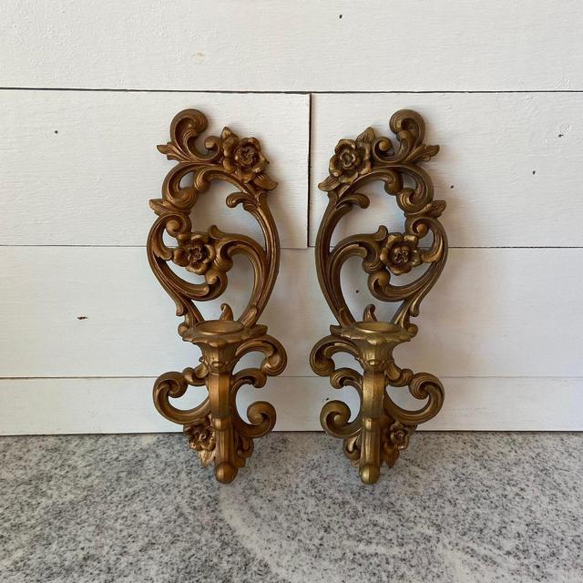 Pair of Vintage Homco Gold Candle Sconces 1970s, Ornate Decor Hollywood Regency Mid-Century Boho, Vintage Wall Sconce, Candleholder Sconce