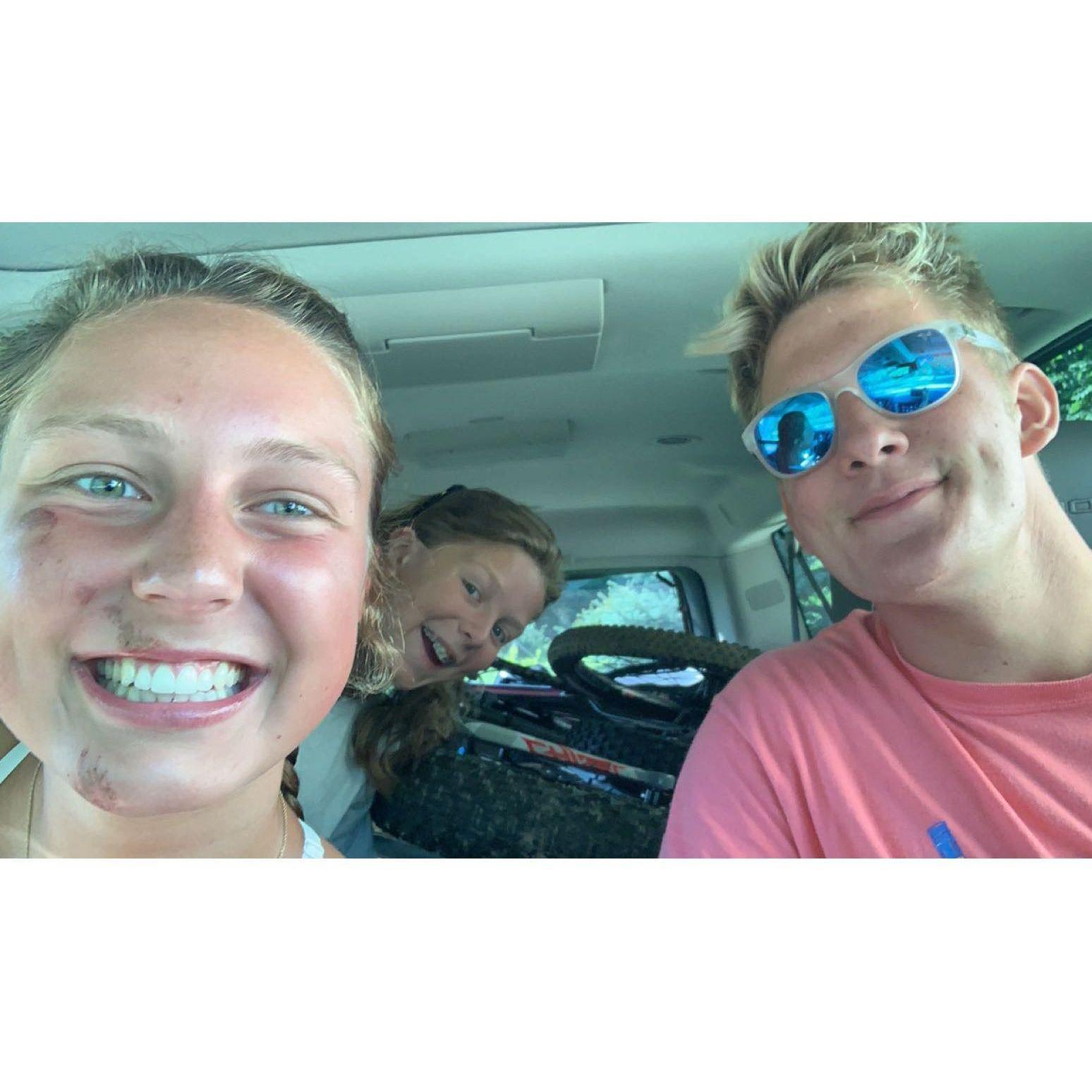 Still not officially dating after Ben's freshman year in CA, but we did the triathlon again except Rowan fell off her bike and smashed her face. So naturally we went mountain biking that afternoon.