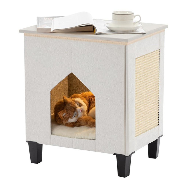 NUROMY Cat House for Indoor Cats Condo,Cat Furniture with Large Area Scratch Pad，Leather Cat Bed Side Table & Nightstand for Living Room and Bedroom Decoration,White