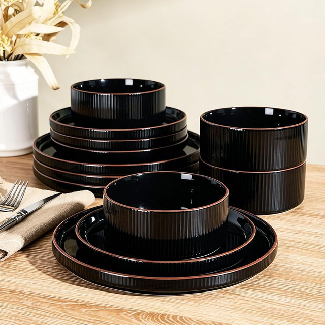 Richmount 12-Piece Plates and Bowls Set, Porcelain Dinnerware Sets for 4 Service, Modern Dish Set with Rust-Red Rim, Chip and Scratch Resistant, Dishwasher & Microwave Safe, Black