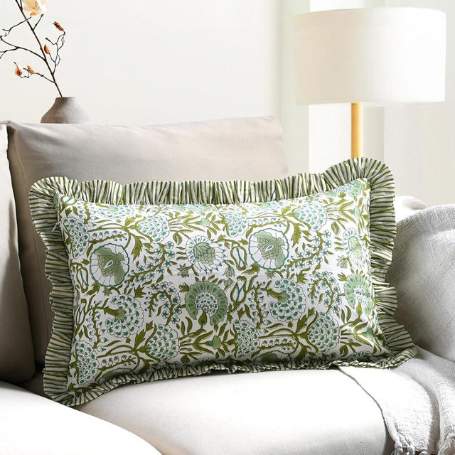 CPC Agate Green 100% Cotton Block Print Ruffle Sham Cover 12x20 inch, Handmade Boho Floral Pillowcase, Farmhouse Cottagecore Bedding, Soft Decorative Cushion Cover for Bedroom Décor