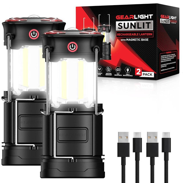 GearLight Rechargeable Camping Lantern - 2 Portable LED Lanterns with Magnetic Base and Foldable Hook for Emergency Use or Campsites, Essential Hurricane Survival Kit - Black