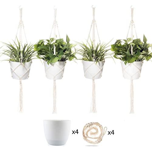T4U 7 Inch Plastic Self Watering Pots with Macrame Plant Hangers, Set of 4 with 4 Ceiling Hooks Included, for All House Plants, Flowers, Herbs, Foliage Plants, African Violets
