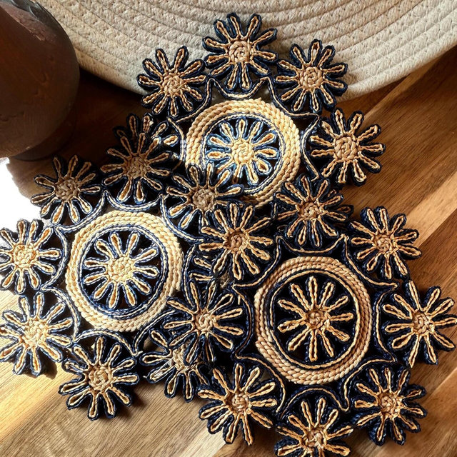 Set Of 3 Vintage Raffia Trivets, Raffia Potholders