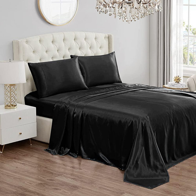 Juicy Couture , King Size Silk Satin Bed Sheet Set, Deep Pocket Silky Satin Sheet Set with 1 Fitted Sheet, 1 Flat Sheet and 2 Pillow Case - Black