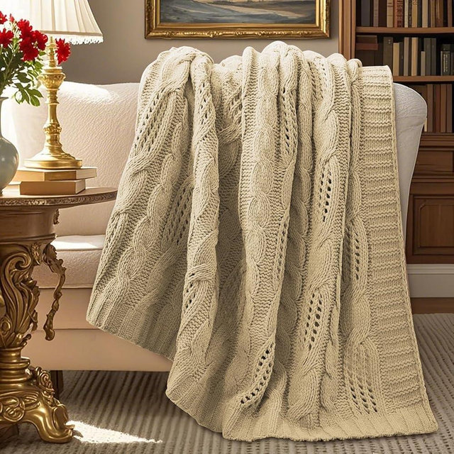 Amélie Home Chunky Knit Chenille Throw Blanket, Breathable Cable Knitted Blanket for Couch, Farmhouse Decorative Throw for Sofa Chair Bed, 50"x60", Beige