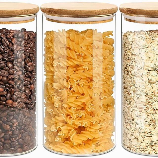 VIEWELLD Airtight Glass Storage Canister with Wood Lid(40 fl.oz), Clear Food Storage Container Jar with Sealing Bamboo Lid for Noodles Flour Cereal Rice Sugar Tea Coffee Beans, Round Set of 3