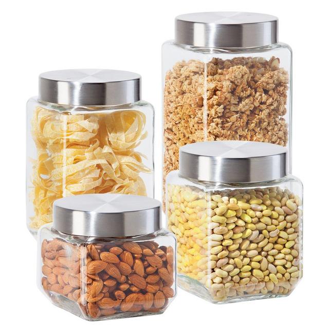 Oggi 4 Piece Square Glass Canister Set with Stainless Steel Screw-on Lids, Clear