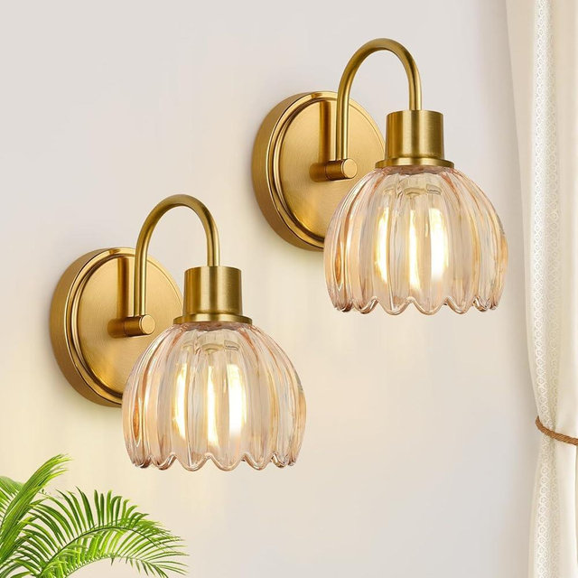Meybiok 2-Pack Brushed Gold Bathroom Vanity Light, Single-Head Wall Sconce with Ribbed Amber Tulip Glass Shade, Vintage Bathroom Light Fixtures for Bedroom, Hallway & Bedside (Bulbs Not Included)
