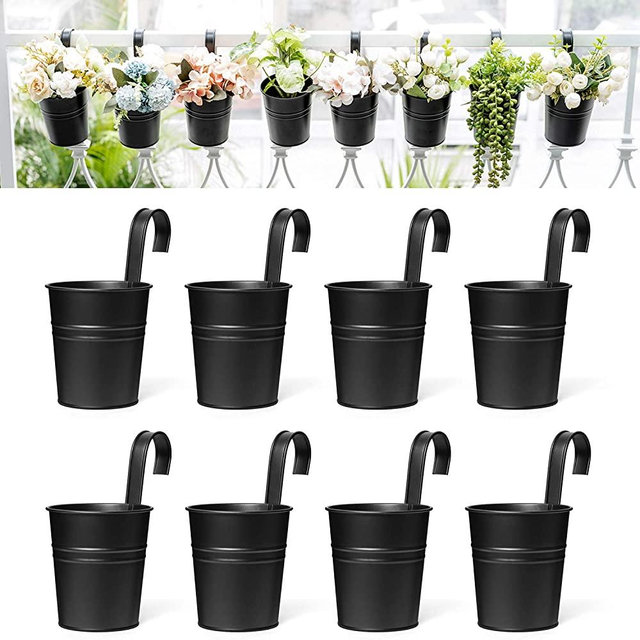 Dahey 8 Pcs Hanging Flower Pots Metal Iron Bucket Planter for Railing Fence Balcony Garden Home Decoration Flower Holders with Detachable Hooks, Black, 4 Inches