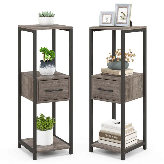 Costway 2 Pack 3 Tier Tall Metal Plant Stand Indoor Plant Table with Drawer Anti-tipping Devices