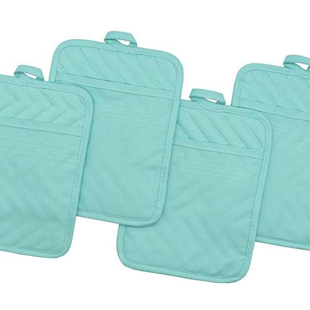 Cotton Pocket Pot Holder Kitchen Hot Pads Heat Resistant, Set of 4, Kitchen Basic Trivet for Cooking and Baking, 7”x 9” (Aqua)