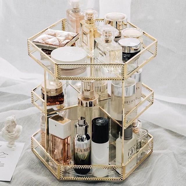 Golden Vintage Glass 360 Degree Rotation Makeup Organizer Countertop Cosmetics Storage Display for Brushes Lipsticks Skincare Large Holder