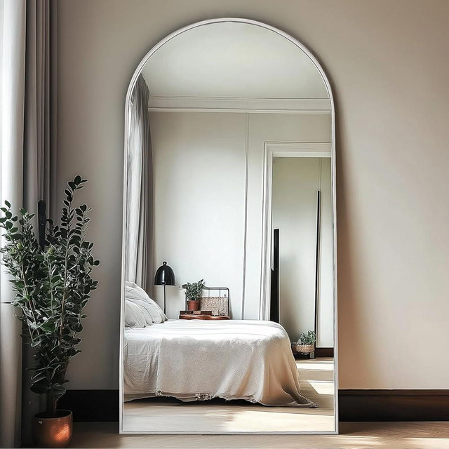TinyTimes 71''x30'' Oversized Large Arched Full Length Mirror Floor with Stand,Big Full Size Long Mirror for Bedroom, Living Room, Aluminum, White