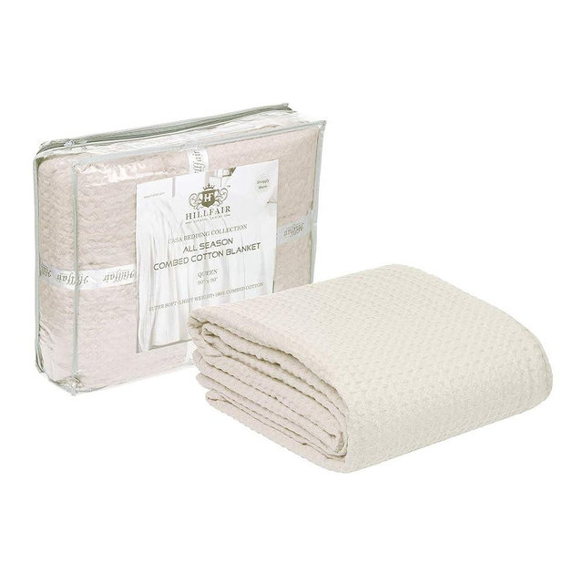 HILLFAIR 100% Combed Cotton Blanket– King Size Bed Blankets– Warm Soft All Season Breathable Lightweight Summer Blankets– Waffle Weave Home Decor Bed Blanket- Ivory King Bed Cotton Blankets/Bedcovers