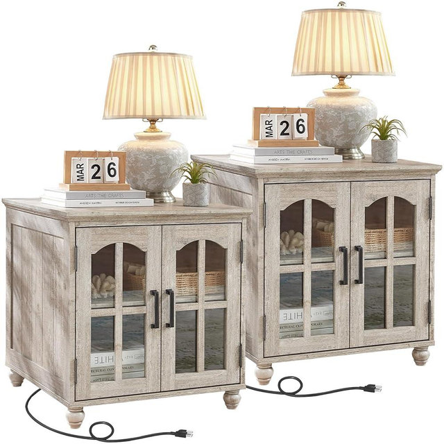 RWYHG Farmhouse 24" End Table Set of 2 with Charging Station, Large Sofa Side Table with Glass Barn Door,Wood Night Stand with Adjustable Storage Shelf,Square Bedside Table for Living Room,Bedroom
