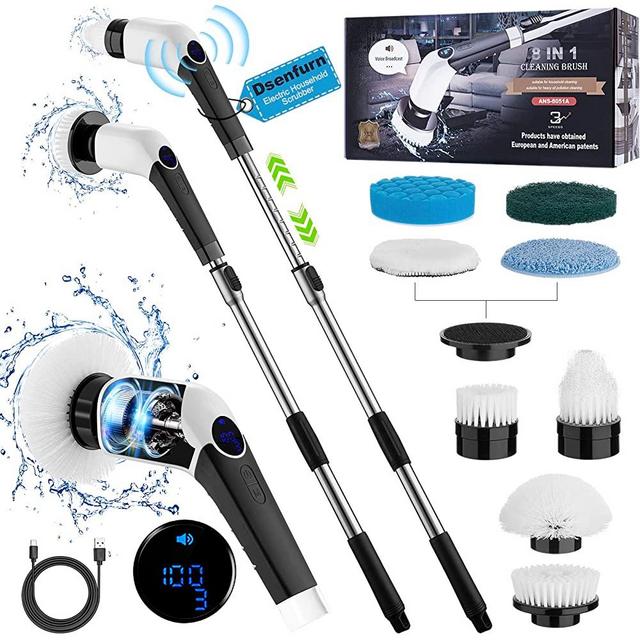 Upgraded Electric Spin Scrubber, 8 in 1 Cordless Shower Bathroom Scrubber with 8 Replaceable Cleaning Drill Brush Heads, Power Max 420RPM, 55” Adjustable Extension Handle, Household Tool for Tile Tub
