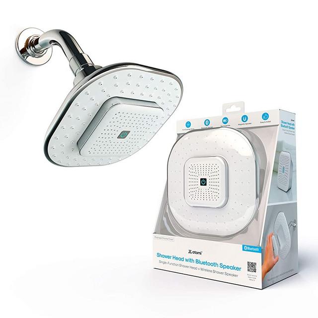 Atomi Shower Head with Bluetooth Speaker - Wireless, Detachable, Portable - with Microphone to Answer Phone Calls - Full-Coverage Spray Nozzle Showerhead for Bathroom - Rechargeable Battery