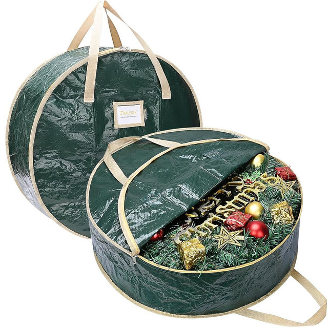 BALEINE Wreath Storage Container, 2 Pack Christmas Wreath Storage Bag with Tear Resistant PE Material and Reinforced Handle for Holiday Xmas (Green, 24"x8")