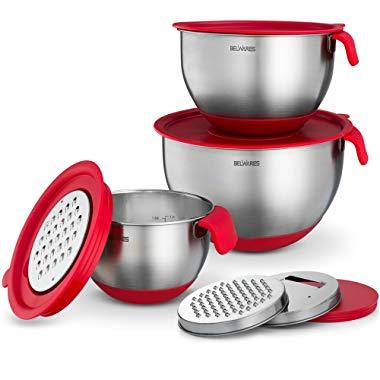 Belwares Stainless Steel Mixing Bowls - Set of 3 Nesting Bowls with Handle, Lids, Grater Attachments - Great for Cooking, Baking & Food Storage - Set Includes 1.5 Qt, 3 Qt. & 5 Qt