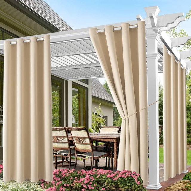 Waterproof Outdoor Curtain W52 x L84 - Grommet Top Sunlight Blocking Window Treatment Drapes Blackout Curtains for Home Bedroom Living Room Patio Porch Pergola Cabana Gazebo (Beige, 2 Panels)