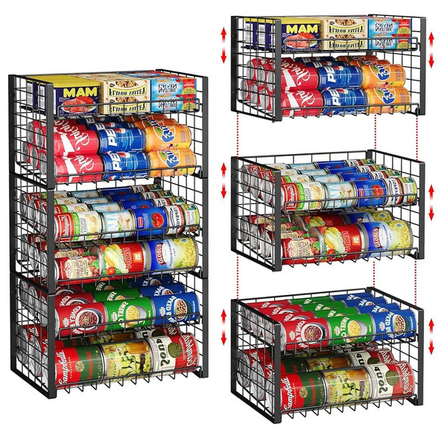 3-Pack Stackable Can Rack Organizer for Pantry, Adjustable Can Holder for Various Ounce of Cans up to 90, Rolling Can Dispenser for Canned Food Soup Goods Storage in Kitchen Cabniet, 2 Tier, Black