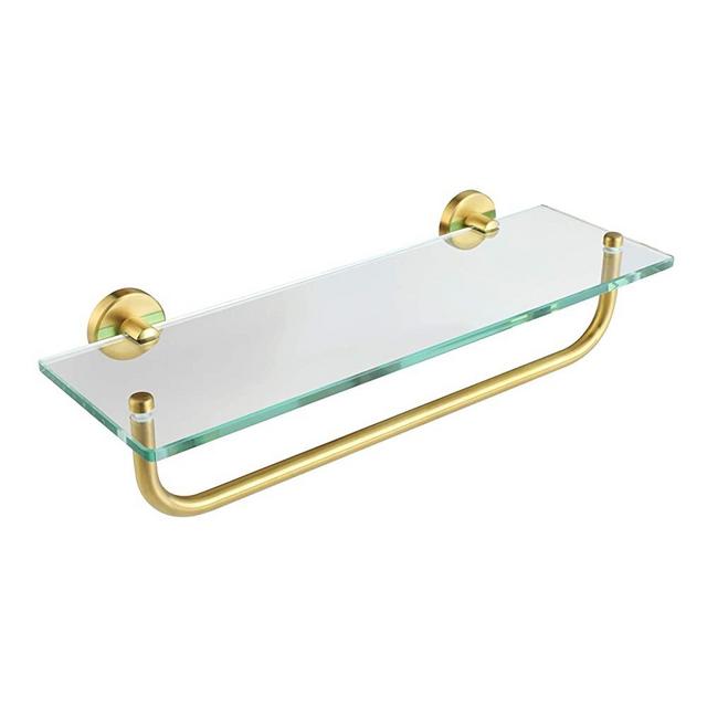 JQK Bathroom Glass Shelf, Shelf with 16 Inch Towel Bar Tempered Glass Shower Storage 16 by 5 inches, 304 Stainless Steel Brushed Gold Wall Mount, TGS100-BG
