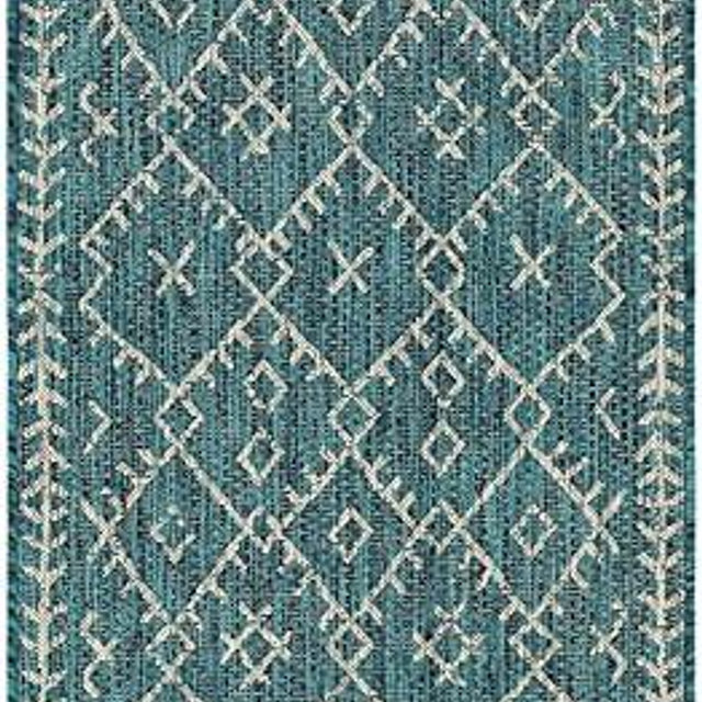 Mark&Day Outdoor Rugs, 3x12 Wijnaldum Global Indoor/Outdoor Aqua Runner Area Rug, Non Shedding Blue White Carpet for Patio, Porch, Deck, Bedroom, Living Room or Kitchen (2'7" x 12' Runner)