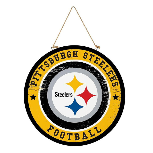NFL Pittsburgh Steelers Door Décor, 18" Round Wood Door Sign Outdoor Indoor Wall Hanging Decoration, Football Fan Welcome Sign for Front Door Man Cave