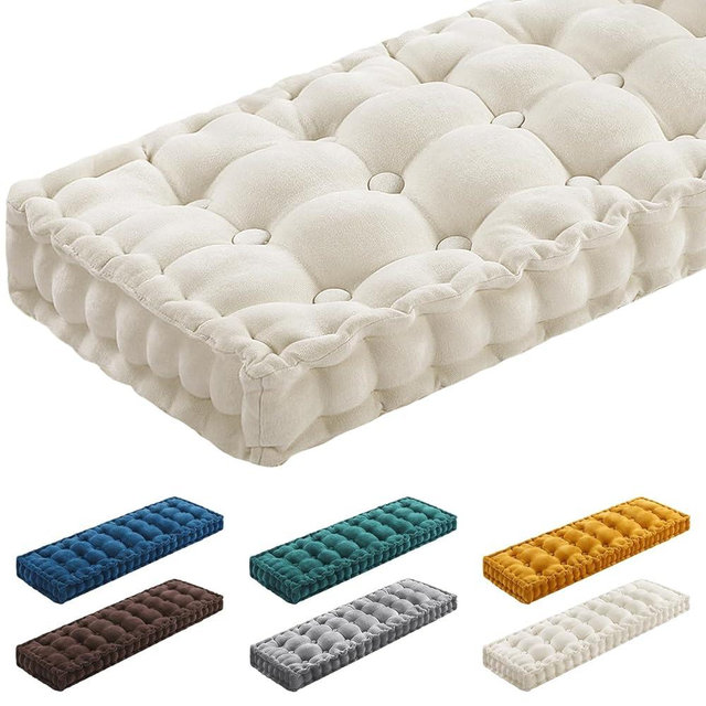 Geelin 48x18 Inch Bench Cushions for Indoor Furniture Chenille Velvet Beige Button Tufted Thicken Seat Pad Mat with Memory Foam Window Sofa Chair Breakfast Nook Floor Pillow for Living Room Porch