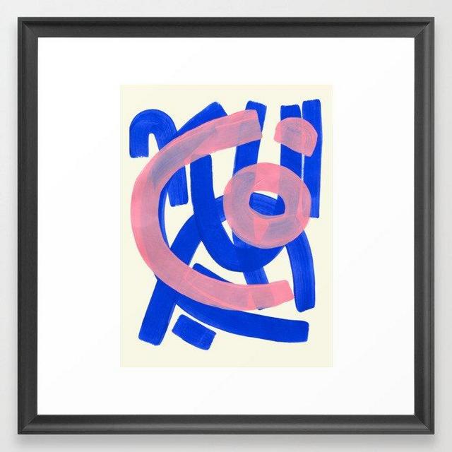 Tribal Pink Blue Fun Colorful Mid Century Modern Abstract Painting Shapes Pattern Framed Art Print