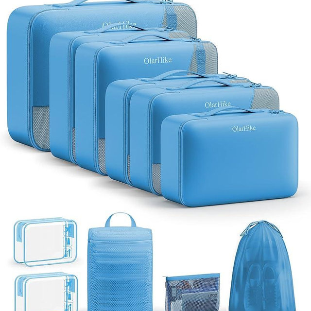 11 Set Packing Cubes for Travel, Gifts for Women Mom Kids, TSA Approved Bags for Makeup, Cosmetic,Toiletry, Suitcase Organizers for Checked Luggage, Cruise Essentials, Airplane Accessories, Azure Blue