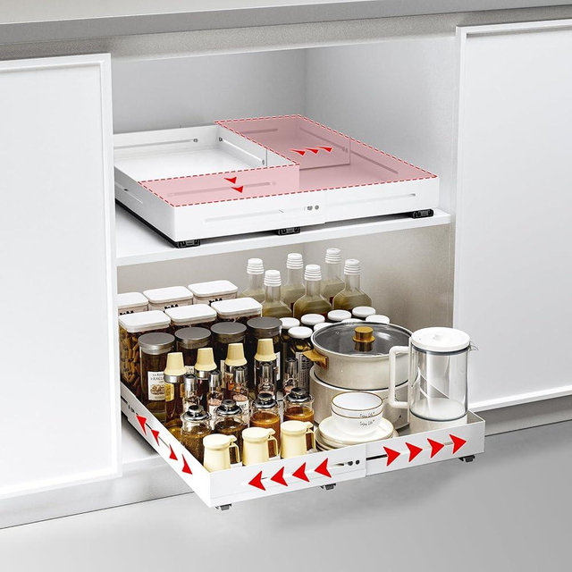 AmzAge 4 Sides Expandable Pull out Cabinet Organizer,3 Silent slides and 2 Pulleys No Drill Very Solid Pull out Drawer,Heavy Duty Storing and Organizers,W12.8"-20.5" (White, Deep15.7“-24.4”)