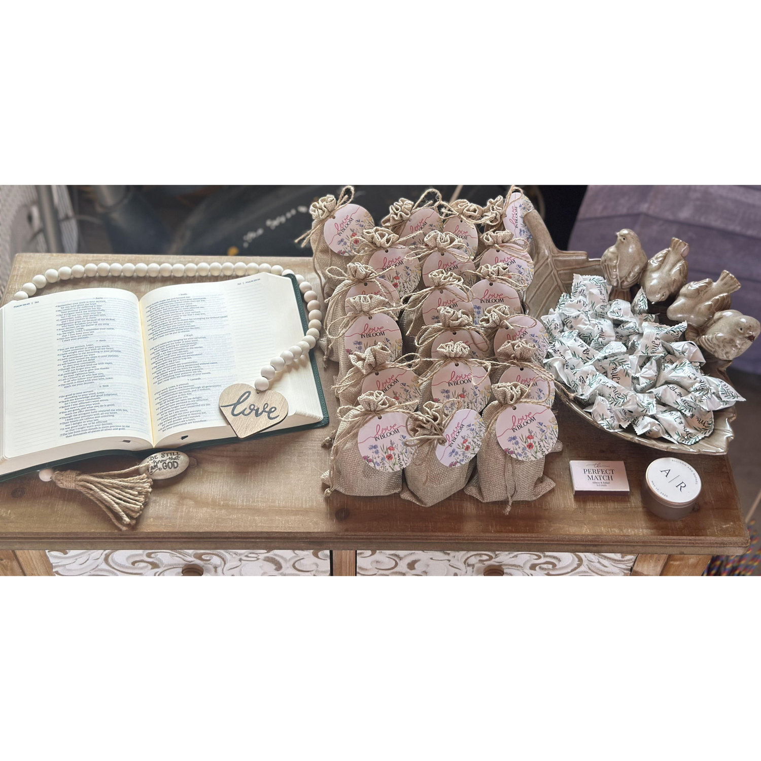 Favor Table. We also have our Bible for guest to sign, highlight favorite verses, and offer prayer, well wishes etc.