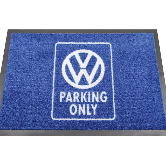 BRISA VW Collection - Volkswagen Foot Mat Doormat Rug Shoe Dirt Trapper with Beetle, T1, T2, T3 Bus, GTI Motif (VW/Parking Only/Blue)