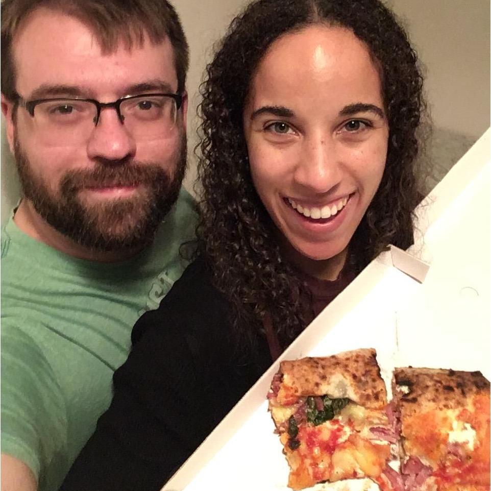Spenser and Jasmine pose with the best pizza either of them have ever eaten in their lives, purchased from a random street cart in Naples, Italy at midnight.