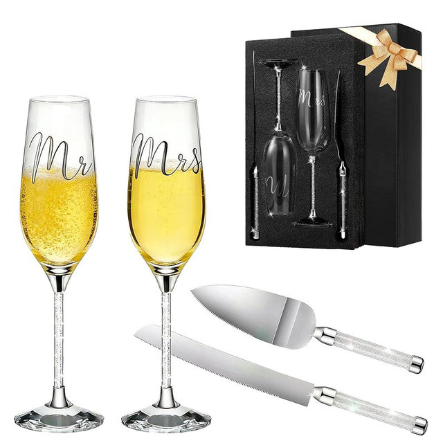 Wedding Cake Knife and Server Set, Mr and Mrs Champagne Flutes, Bride and Groom Champagne Glasses and Wedding Cake Cutting Set for Valentines, Wedding, Engagement, Bridal Shower Gifts (Silver)