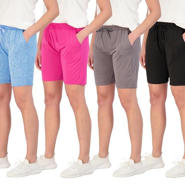 Real Essentials 4 Pack: Women's Dry-Fit Athletic 7" Bermuda Long High Waisted Running Shorts (Available in Plus Size)