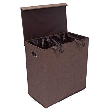 BirdRock Home Double Laundry Hamper with Lid and Removable Liners - Linen - Easily Transport Laundry - Foldable Hamper - Cut Out Handles