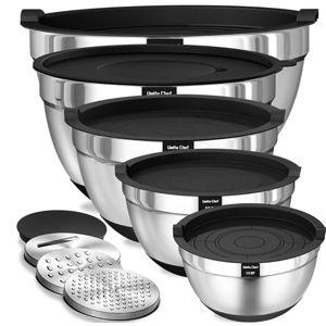 Umite Chef Mixing Bowls with Airtight Lids, 8PCS Stainless Steel Nesting Mixing Bowls Set, 3 Grater Attachments & Non-Slip Bottoms, Black Kitchen Bowls, Size 5, 4, 3.5, 2, 1.5QT for Baking & Serving