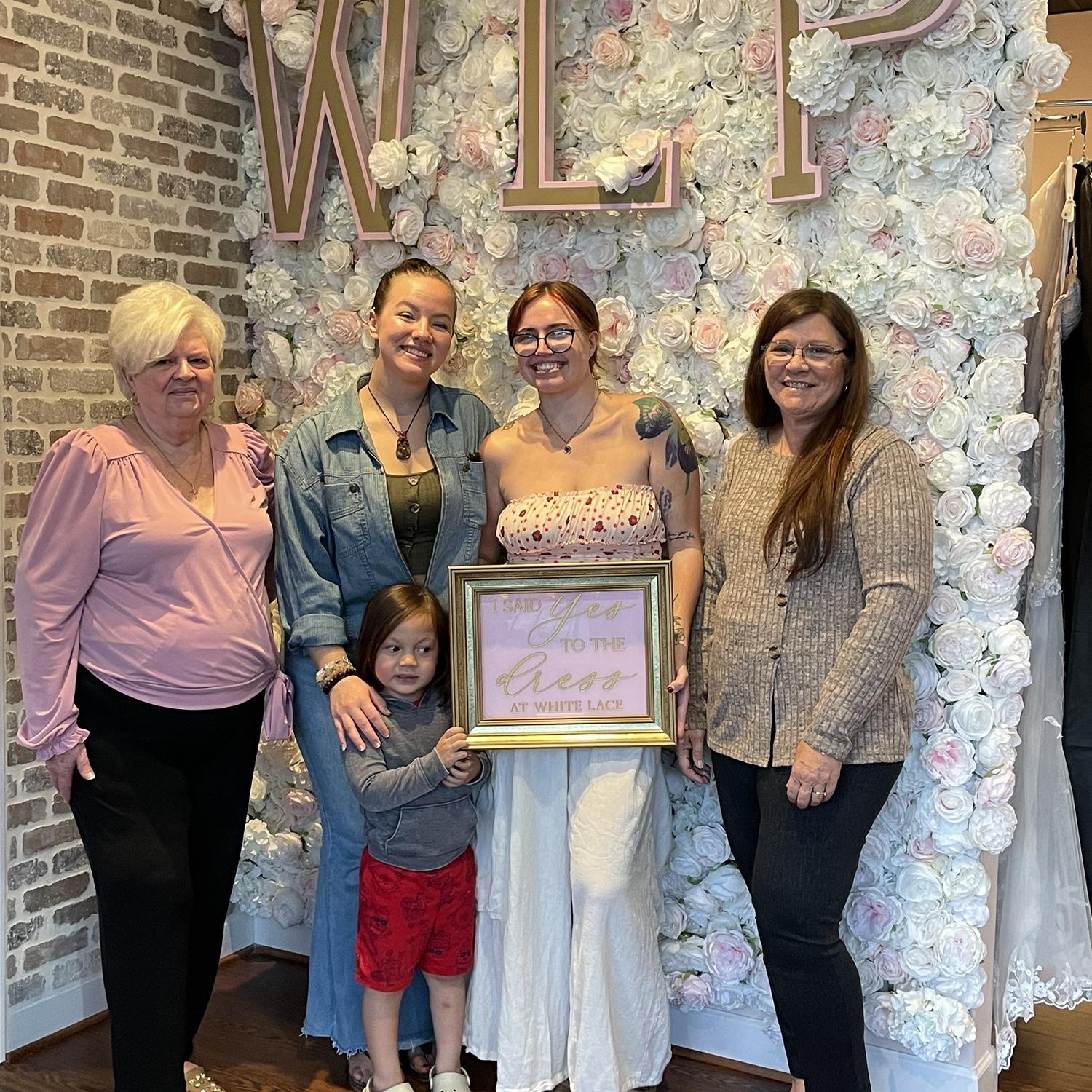 The day Ciearra picked THE DRESS! 
Pictured left to right: Elizabeth Taylor (Granny), Genevieve and Shadow, Ciearra, and Michaels mom, Mitzi!