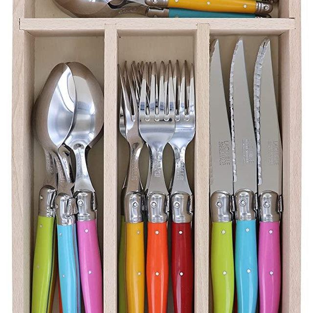 Laguiole Andre Verdier Debutant 24 Piece Flatware Set, Steak Knives, Forks, Soup Spoons, Teaspoons, Fan Mix, Made In France