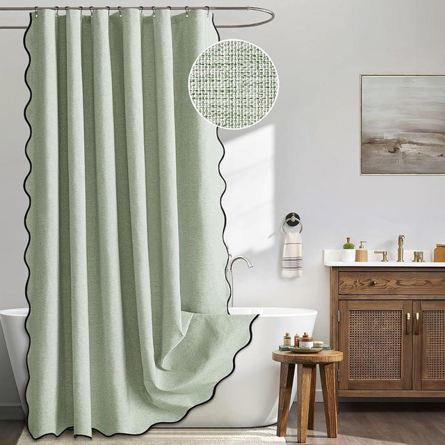 MIULEE 84" Long Scalloped Shower Curtain Linen Textured with 12 Metal Hooks Cute Extra Long Heavy Duty Washable Waterproof Cloth Spring Shower Curtains with Black Border for Bathroom Hotel,Sage Green