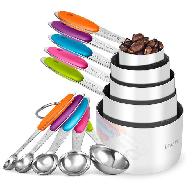 Measuring Cups and Spoons Set: U-Taste 18/8 Stainless Steel 10 Pieces Stacking Kitchen Baking Cooking Food Measure Set 5 Cups 5 Spoons with Strengthened Weld Joints (Multicolors, Upgraded Version)