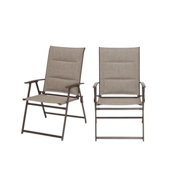 Steel Padded Sling Folding Outdoor Patio Dining Chair in Riverbed Taupe Tan (2-Pack)