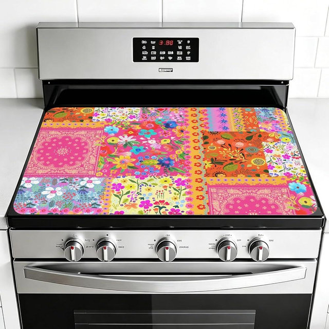 Boho Glass Stove Top Covers for Electric Stove Boho Patchwork Flowers Heat-Resistant Coating – Cooktop Protector Pad Anti-Slip,Scratch Multi-Functional Dish Drying Mat Kitchen Decor 28"X20"