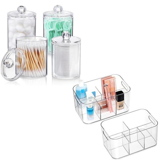 AOZITA 4 PACK Qtip Holder Dispenser + 2 Pack, 5-Compartment Clear Plastic Bin - Divided Cosmetic Makeup Caddy Organize