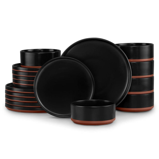 LIANYU Plates and Bowls Sets, 18 Pieces Stoneware Dinnerware Set for 6, Modern Kitchen Dinner Set Ceramic Dishware Dishes Set, Microwave and Dishwasher Safe, Charcoal Black