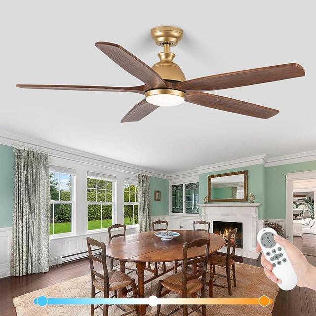 YZEENM 52 Inch Gold Ceiling Fan with Lights and Remote Control, 5 Reversible Solid Wood Blades, 6-Speed Noiseless DC Motor, Modern Farmhouse Indoor Outdoor Ceiling Fan with Dimmable LED Light Kit