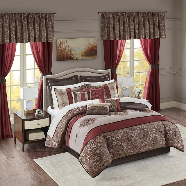 Madison Park Essentials Delaney 24-Piece Room In A Bag Comforter Set-Satin Jacquard, All Season Luxury Bedding, Sheets, decorative pillows and Curtains, Valance, King(104"x92"), Medallion Red